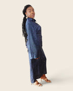 Adunni Midnight Tide — maxi shirt dress in hand-dyed Adire, side view, L'atelier KaAy