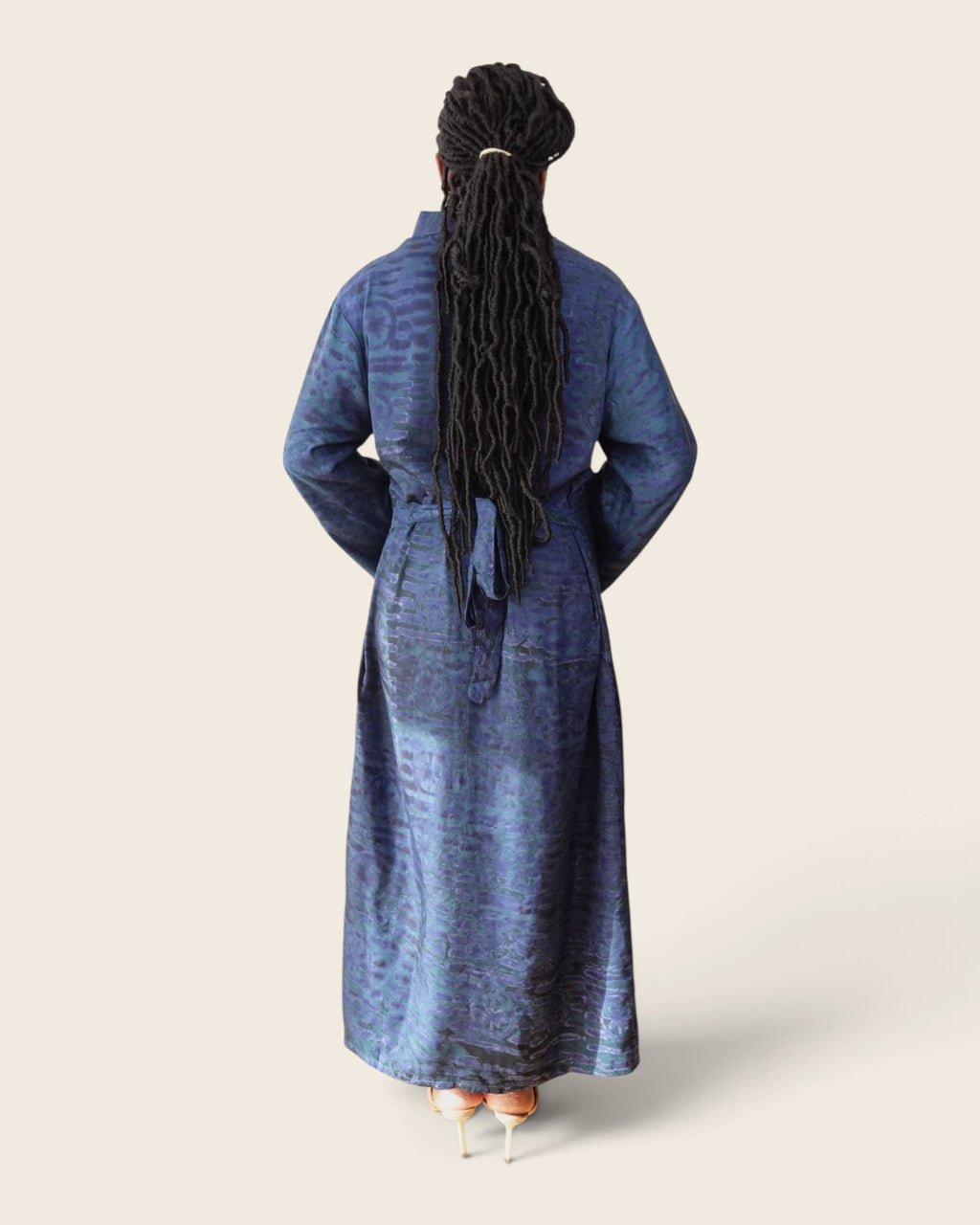 Adunni Midnight Tide — maxi shirt dress in hand-dyed Adire, back view, back tie, L'atelier KaAy