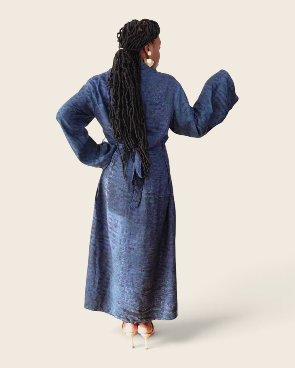 Adunni Midnight Tide — maxi shirt dress in hand-dyed Adire, back view, L'atelier KaAy