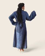 Adunni Midnight Tide — maxi shirt dress in hand-dyed Adire, back view, L'atelier KaAy