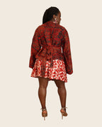 Aïna Ember Red — african print skirt set in hand-dyed Adire, back view with waist tie, L'atelier KaAy