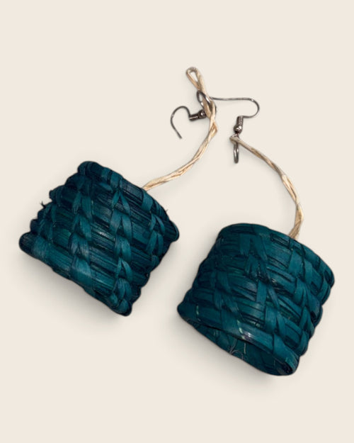 Malachite Teal woven raffia drum earrings on an undyed raffia cord, hand-dyed and hand-woven, L'atelier KaAy