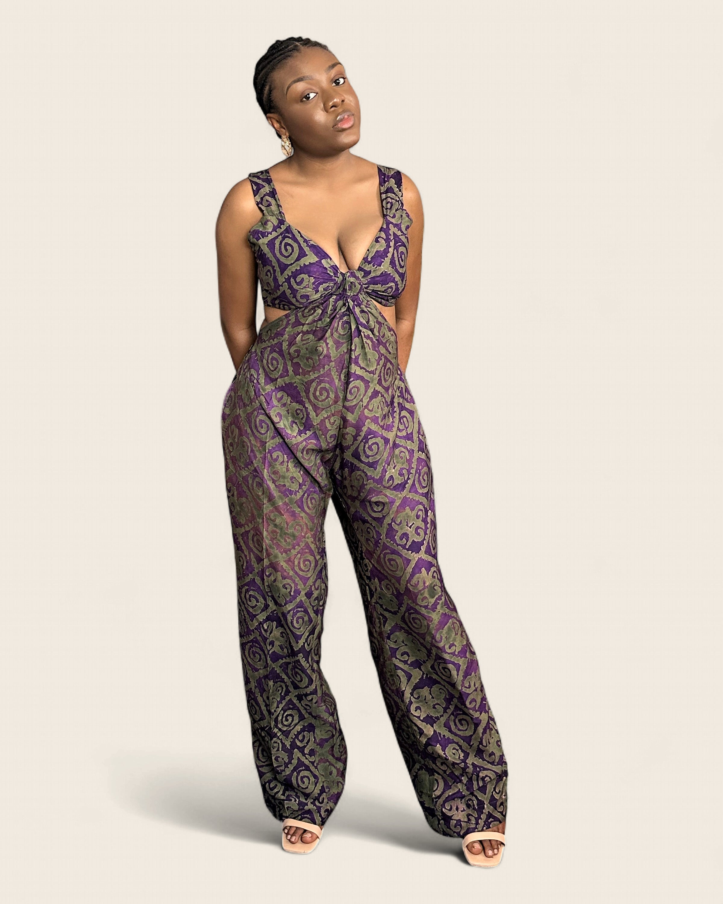 Ayoka African african jumpsuit — hand-dyed Adire, back drape, L'atelier KaAy