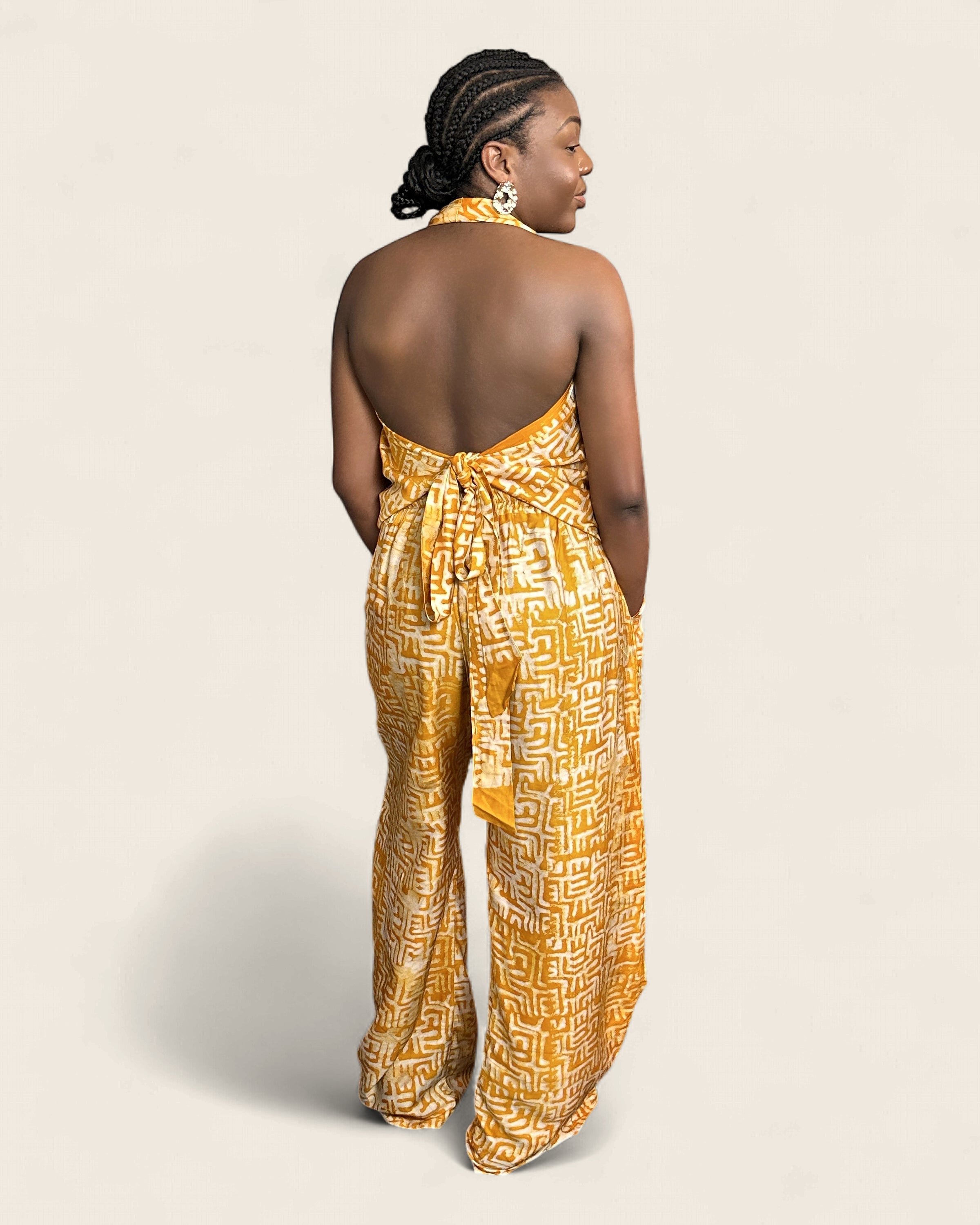 Folake African adire halter jumpsuit — hand-dyed Adire, styling on model, L'atelier KaAy