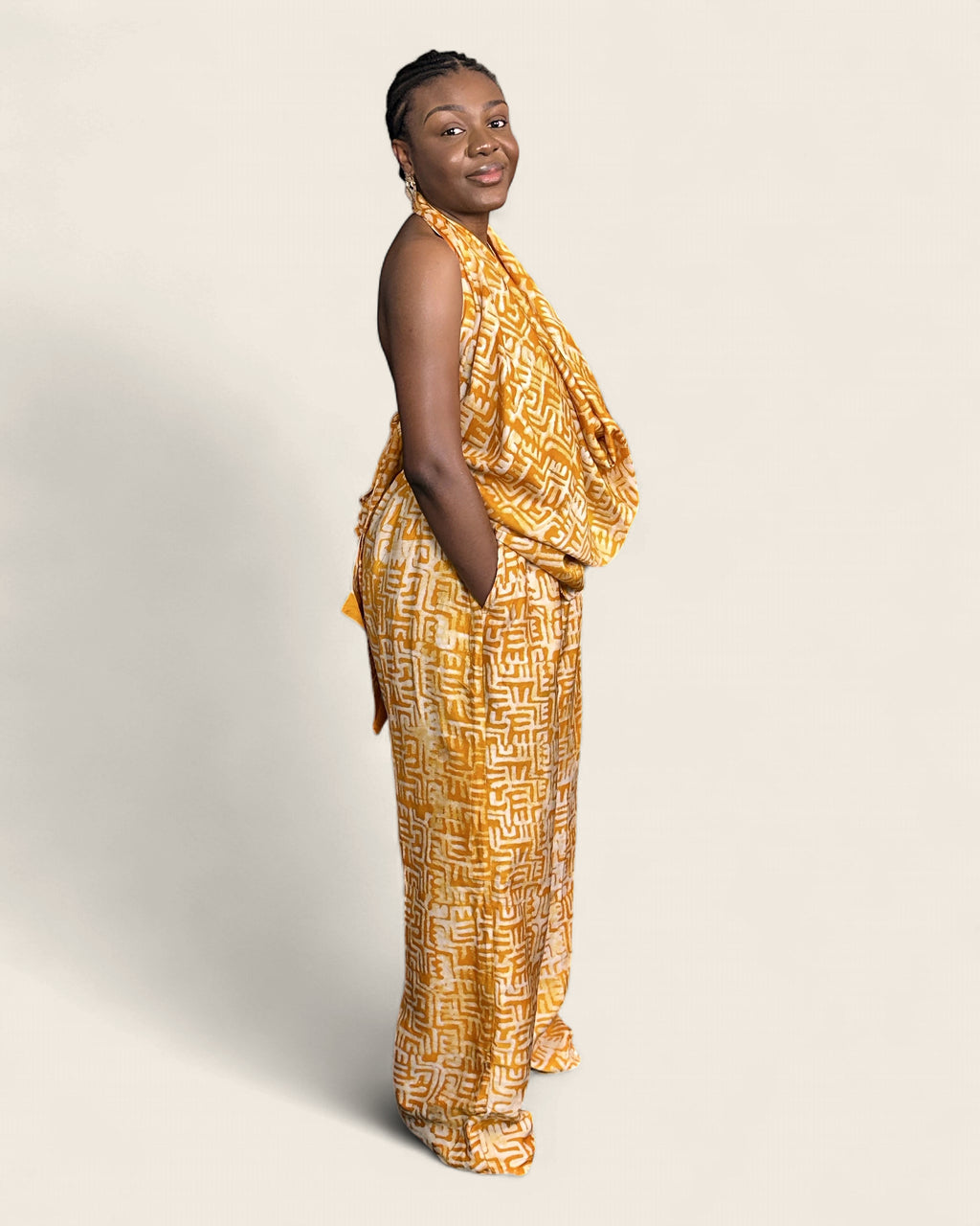 Folake African adire halter jumpsuit — hand-dyed Adire, back drape, L'atelier KaAy