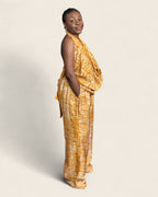 Folake African adire halter jumpsuit — hand-dyed Adire, back drape, L'atelier KaAy