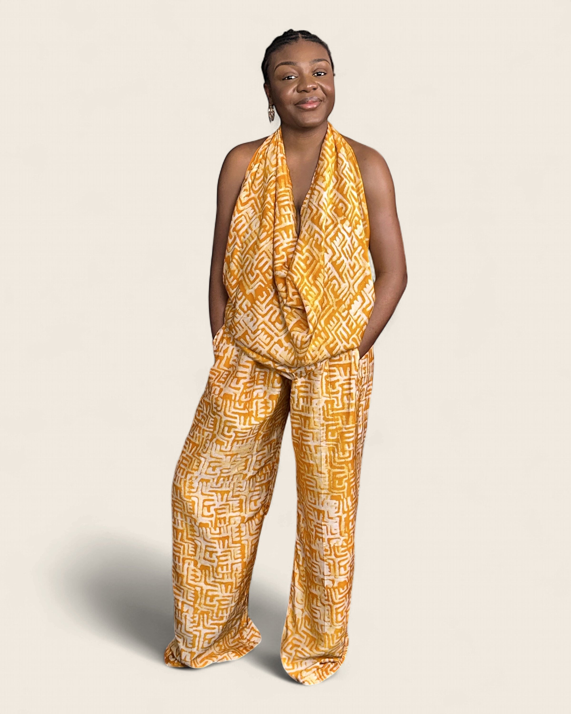 Folake African adire halter jumpsuit — hand-dyed Adire, fabric detail, L'atelier KaAy