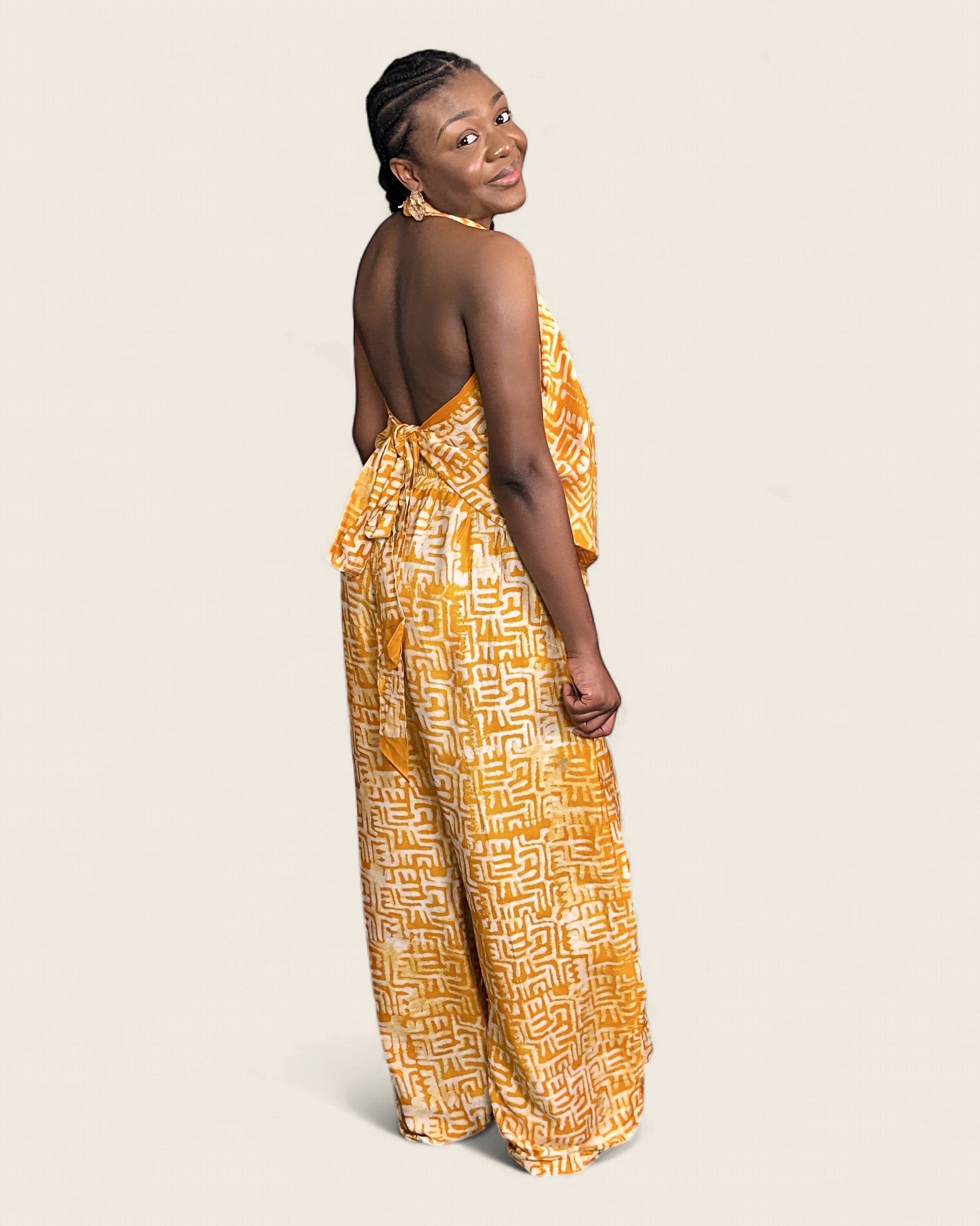 Folake African adire halter jumpsuit — hand-dyed Adire, editorial lookbook, L'atelier KaAy