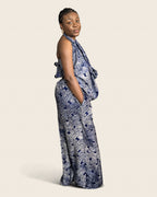 Folake African adire halter jumpsuit — hand-dyed Adire, motion shot, L'atelier KaAy