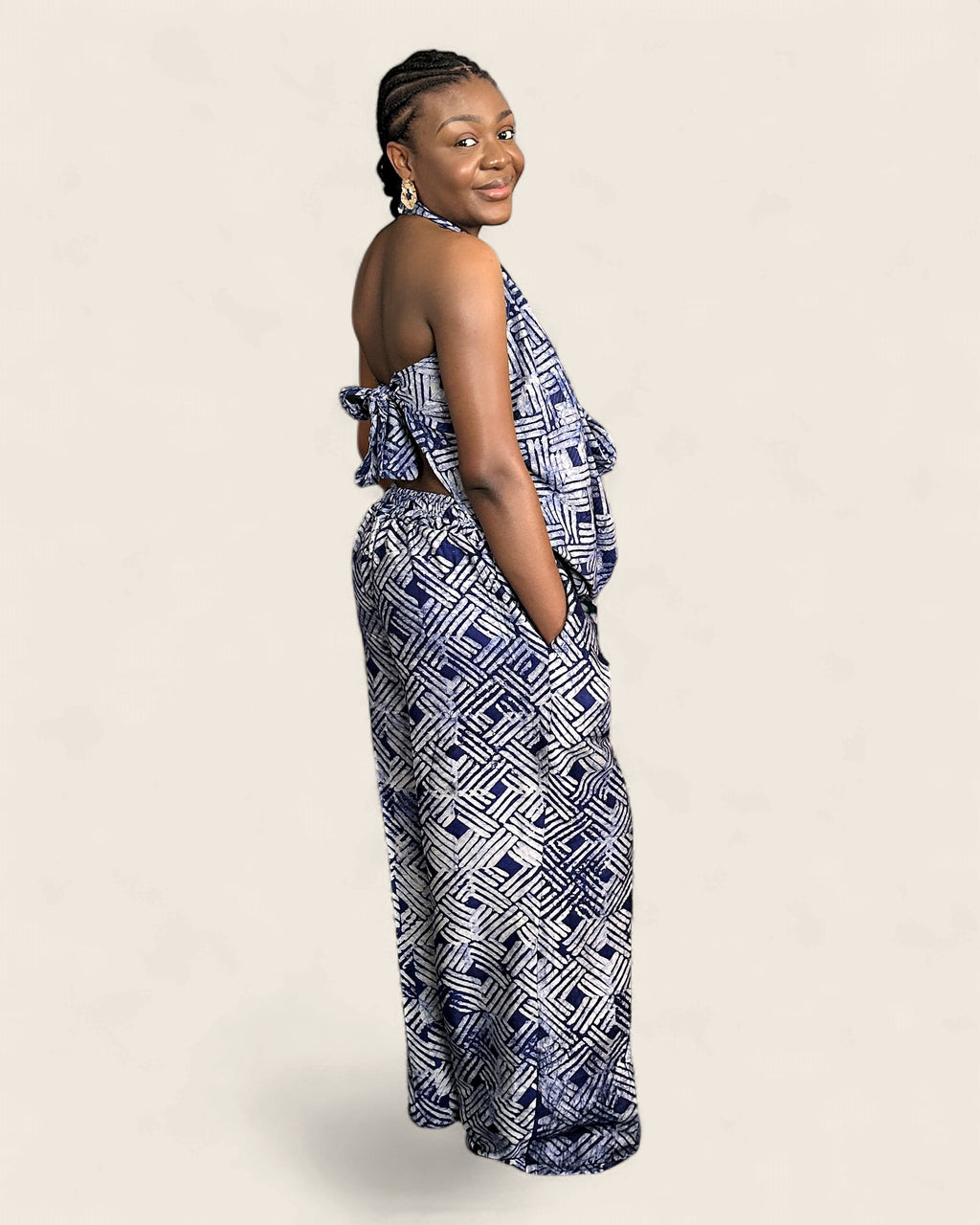 Folake African adire halter jumpsuit — hand-dyed Adire, full-length view, L'atelier KaAy