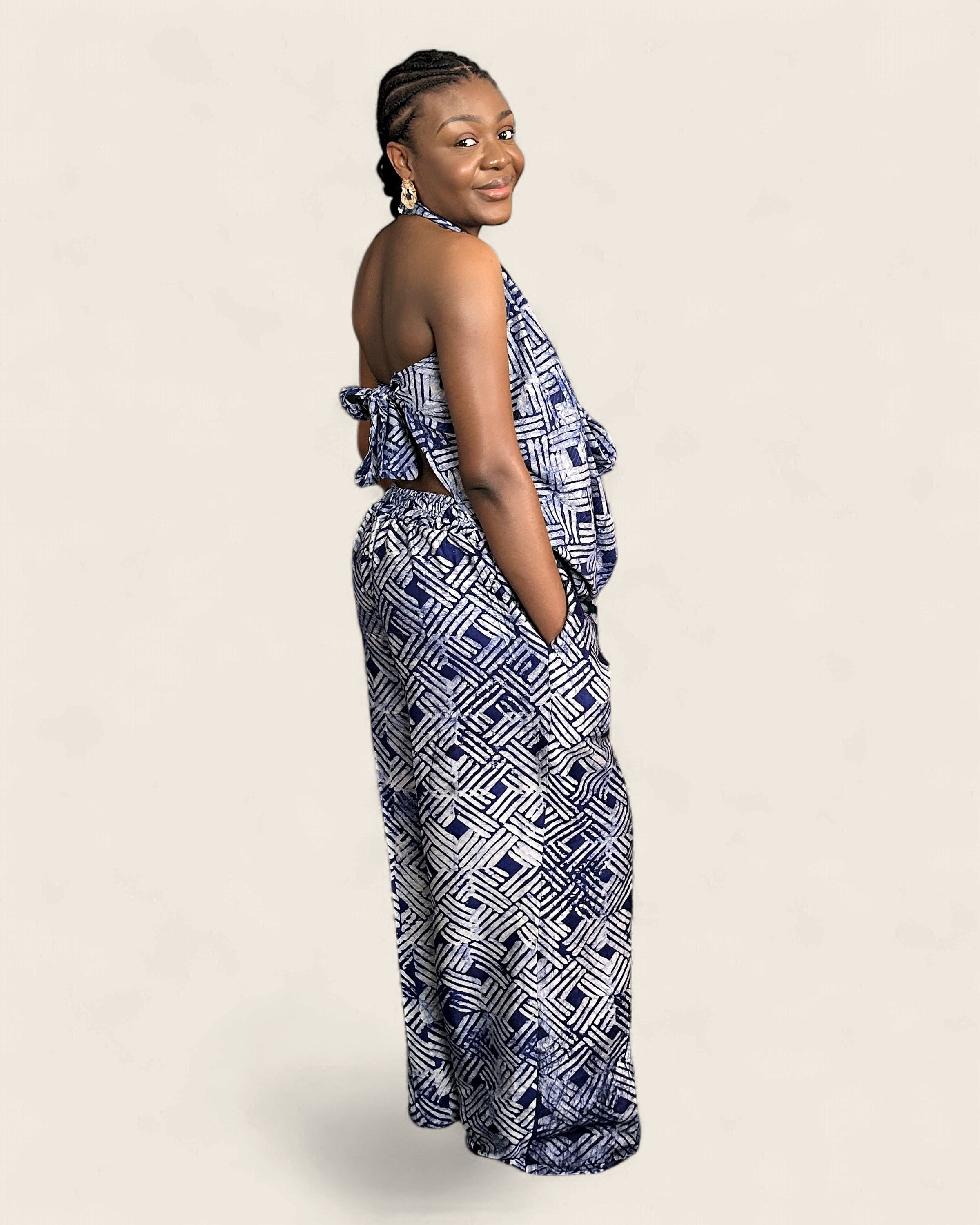 Folake African adire halter jumpsuit — hand-dyed Adire, full-length view, L'atelier KaAy