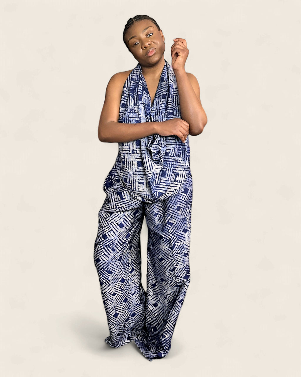 Folake African adire halter jumpsuit — hand-dyed Adire, side silhouette, L'atelier KaAy