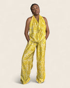 Folake African adire halter jumpsuit — hand-dyed Adire, cut detail, L'atelier KaAy