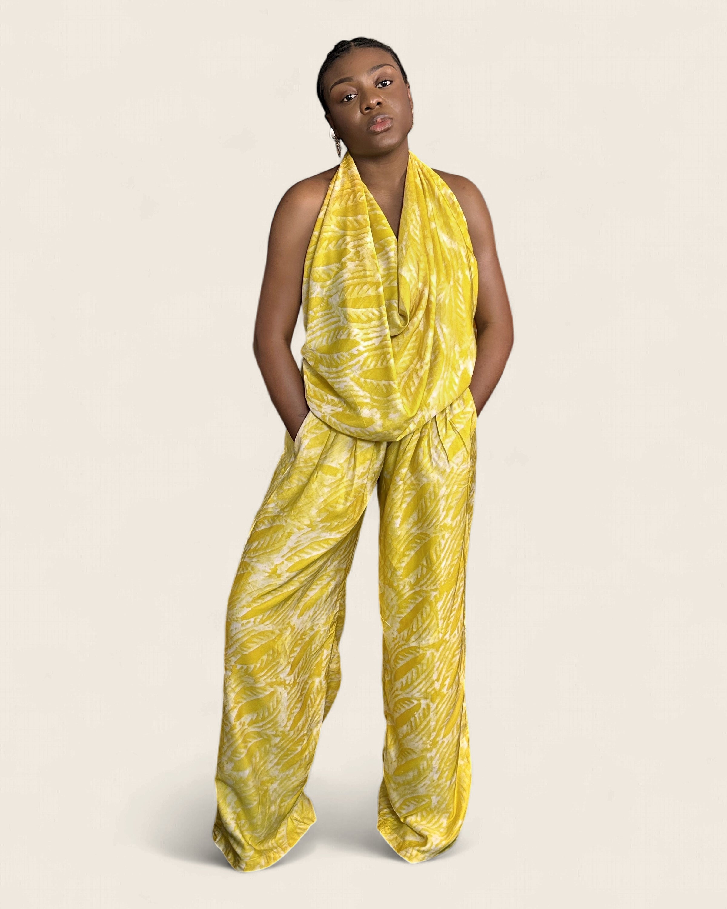 Folake African adire halter jumpsuit — hand-dyed Adire, cut detail, L'atelier KaAy