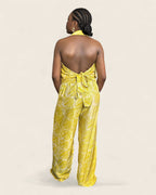 Folake African adire halter jumpsuit — hand-dyed Adire, studio shot, L'atelier KaAy