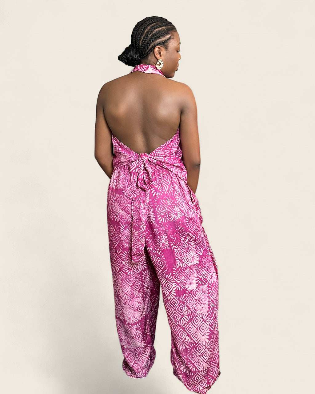 Folake African adire halter jumpsuit — hand-dyed Adire, front view, L'atelier KaAy
