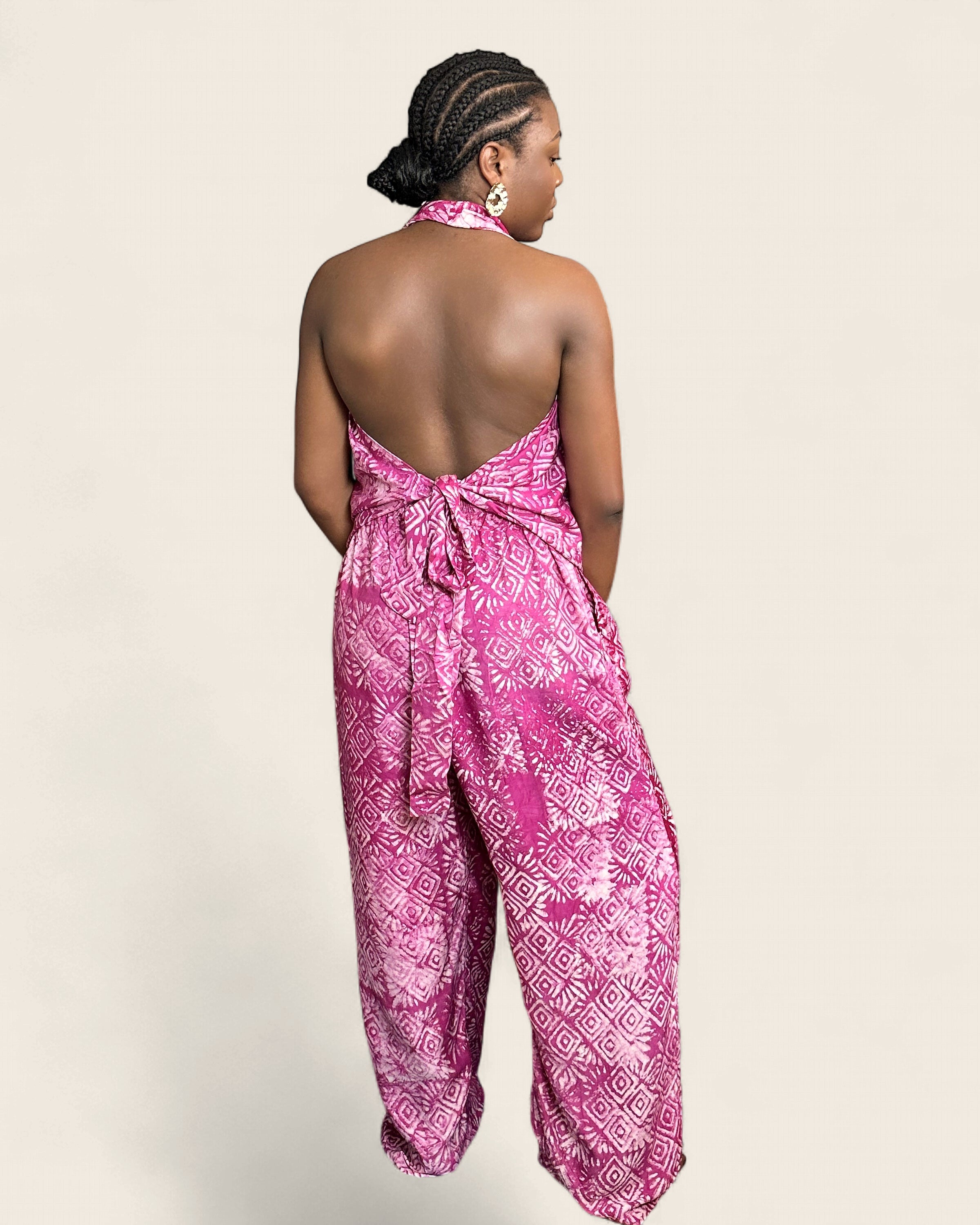 Folake African adire halter jumpsuit — hand-dyed Adire, front view, L'atelier KaAy