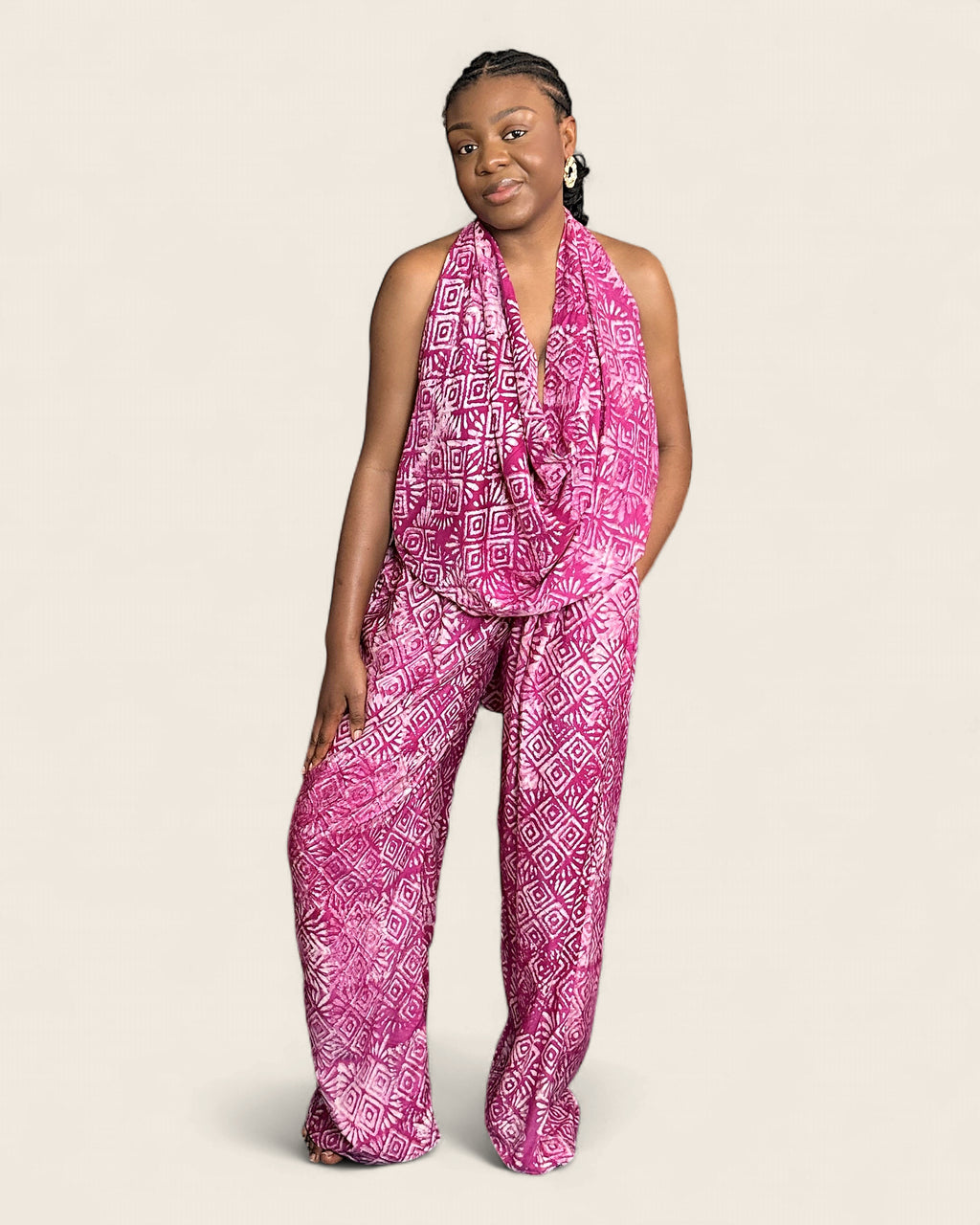 Folake Hibiscus — Pink — adire halter jumpsuit in hand-dyed Adire, L'atelier KaAy