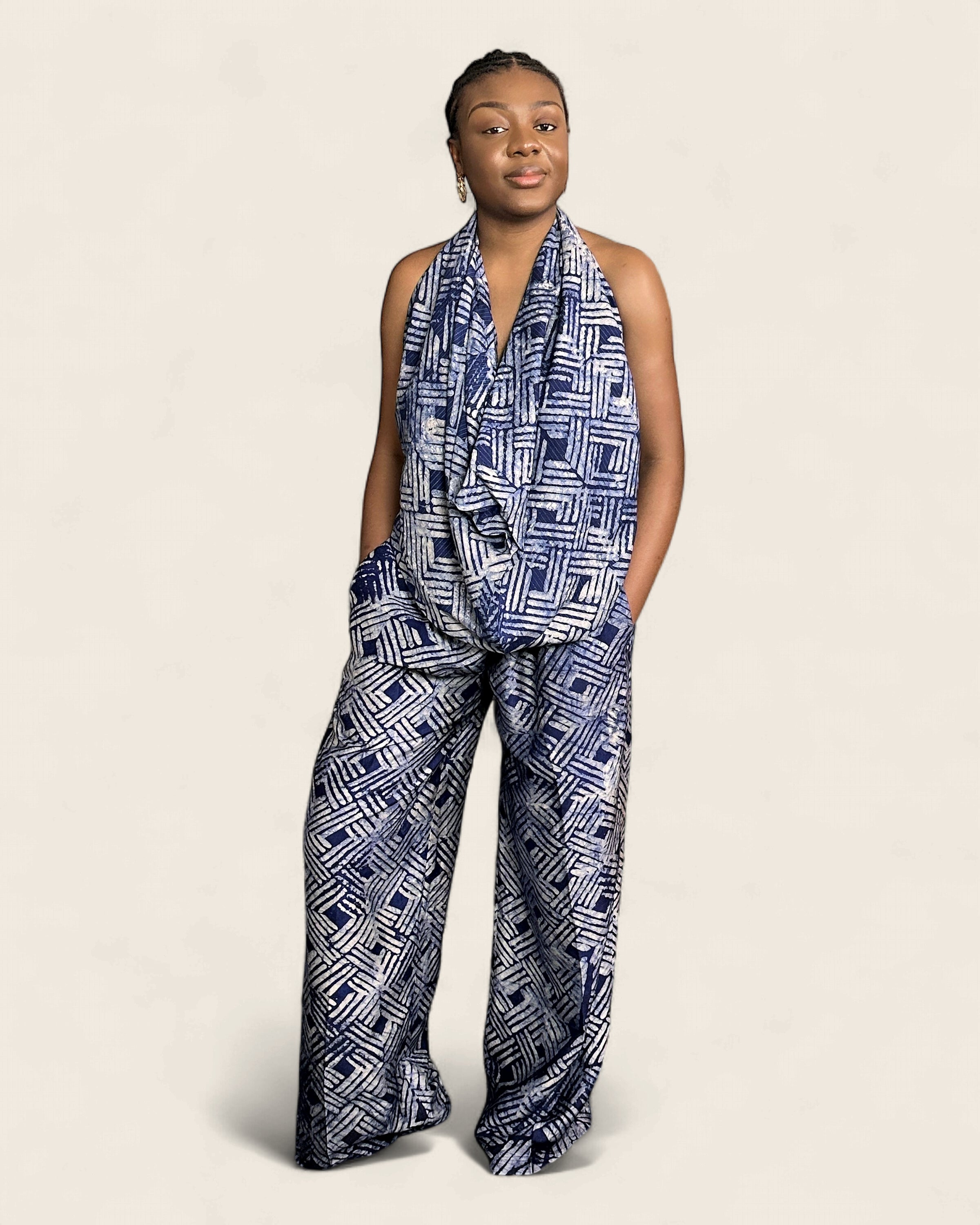 Folake Indigo — Navy — adire halter jumpsuit in hand-dyed Adire, L'atelier KaAy