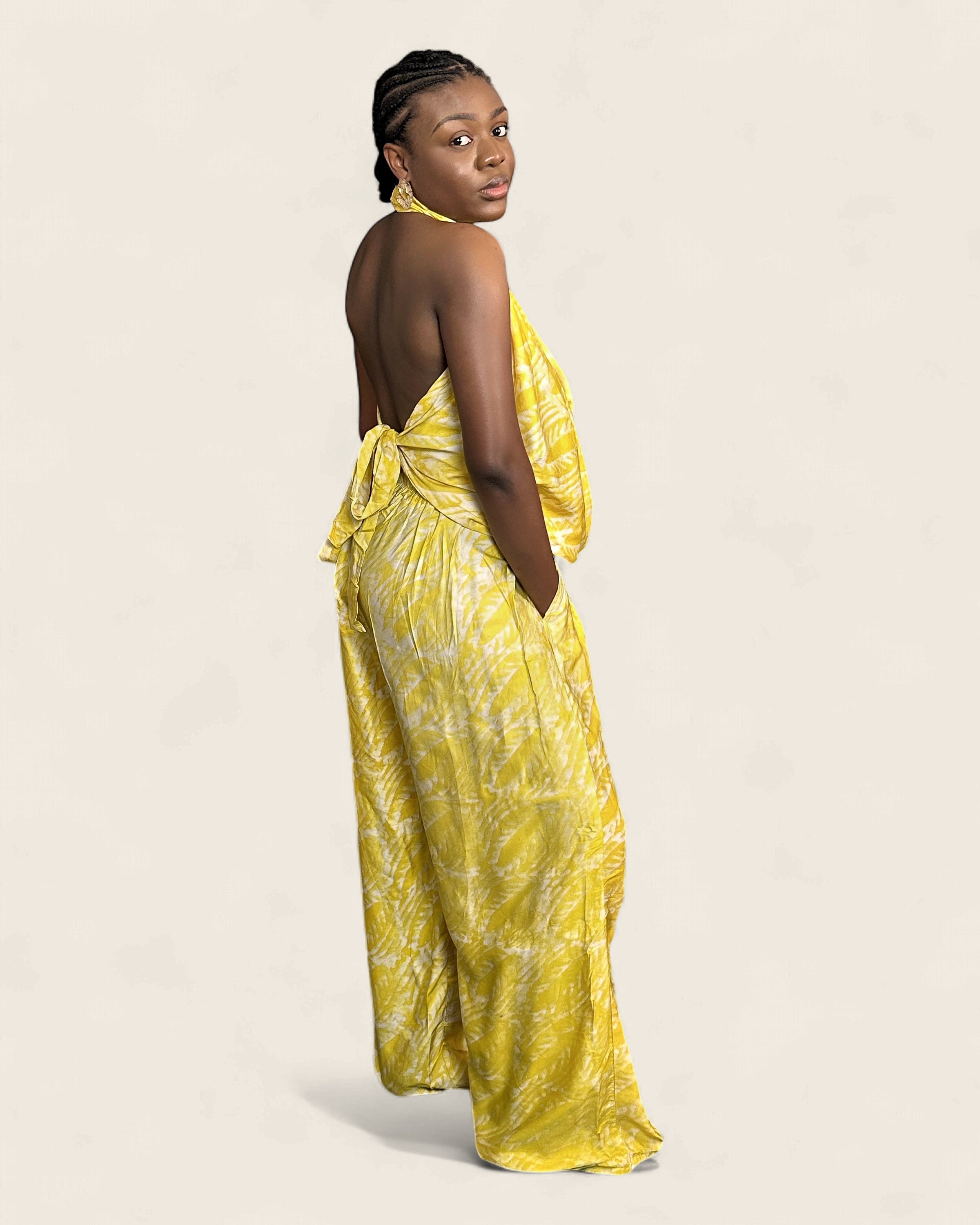 Folake Sunbeam — Yellow — adire halter jumpsuit in hand-dyed Adire, L'atelier KaAy