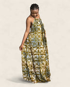 Alara African adire halter maxi dress — hand-dyed Adire, front view, L'atelier KaAy