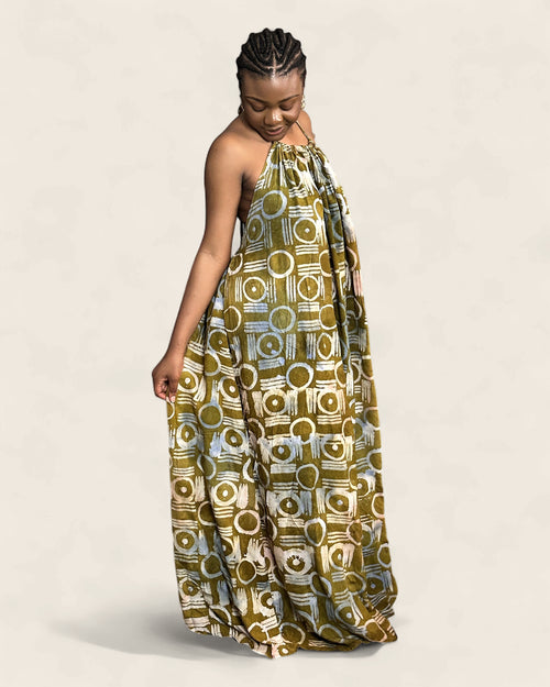 Alara African adire halter maxi dress — hand-dyed Adire, front view, L'atelier KaAy