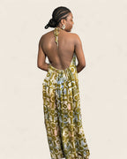 Alara African adire halter maxi dress — hand-dyed Adire, styling on model, L'atelier KaAy