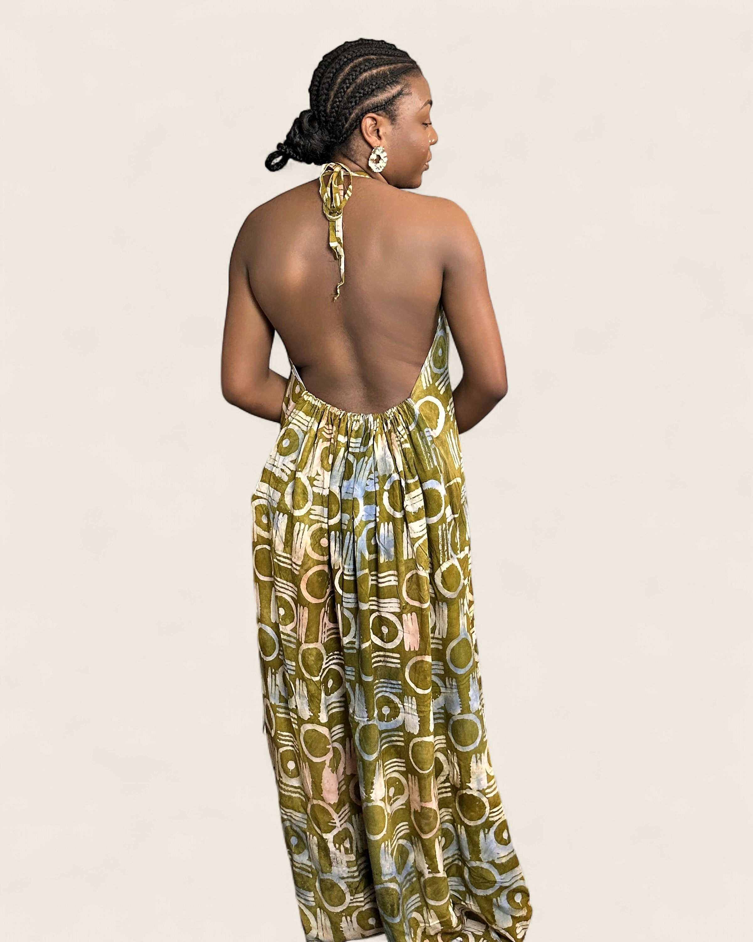Alara African adire halter maxi dress — hand-dyed Adire, styling on model, L'atelier KaAy