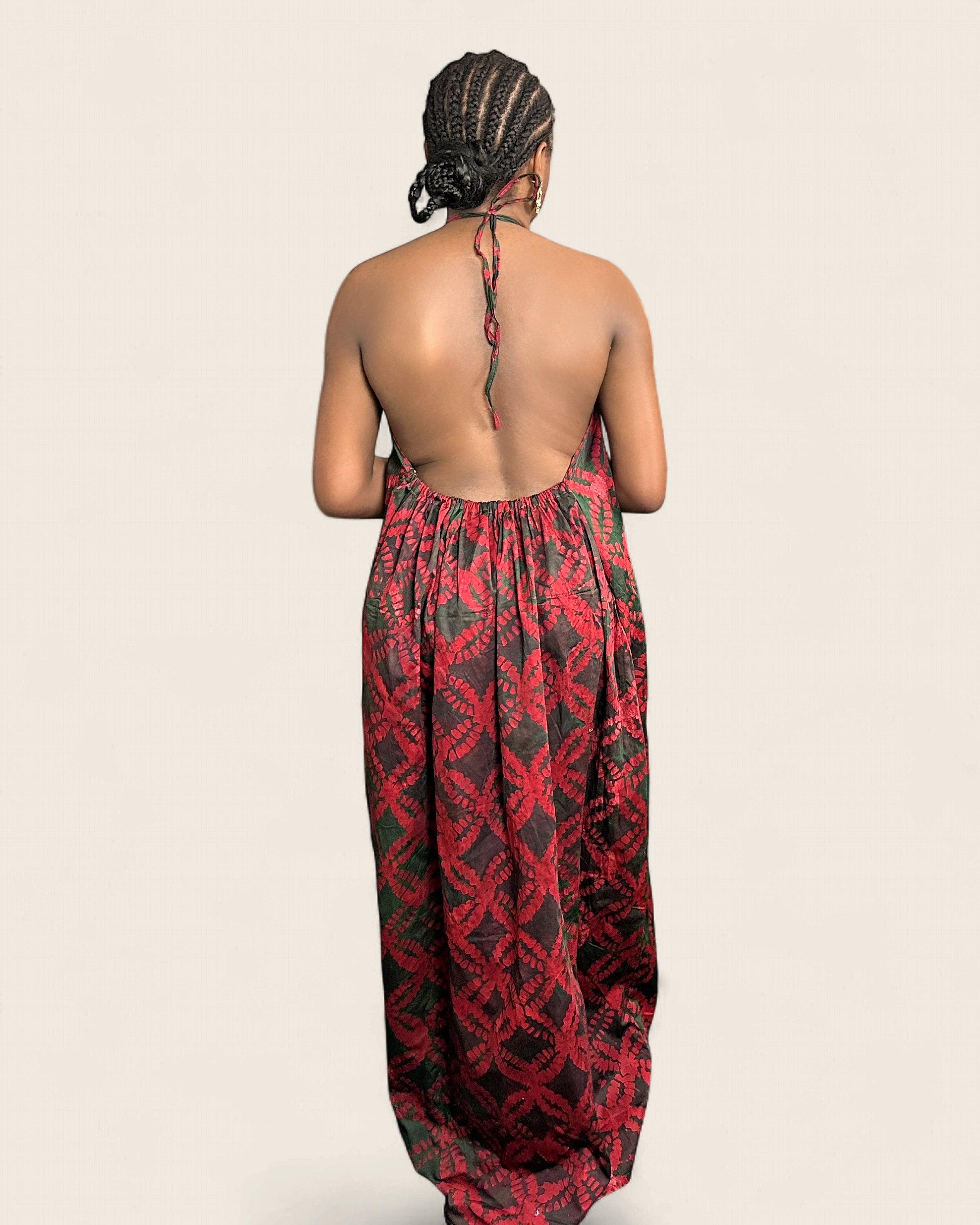 Alara African adire halter maxi dress — hand-dyed Adire, editorial lookbook, L'atelier KaAy