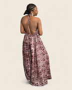 Alara African adire halter maxi dress — hand-dyed Adire, side silhouette, L'atelier KaAy