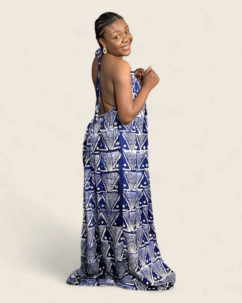 Alara African adire halter maxi dress — hand-dyed Adire, cut detail, L'atelier KaAy