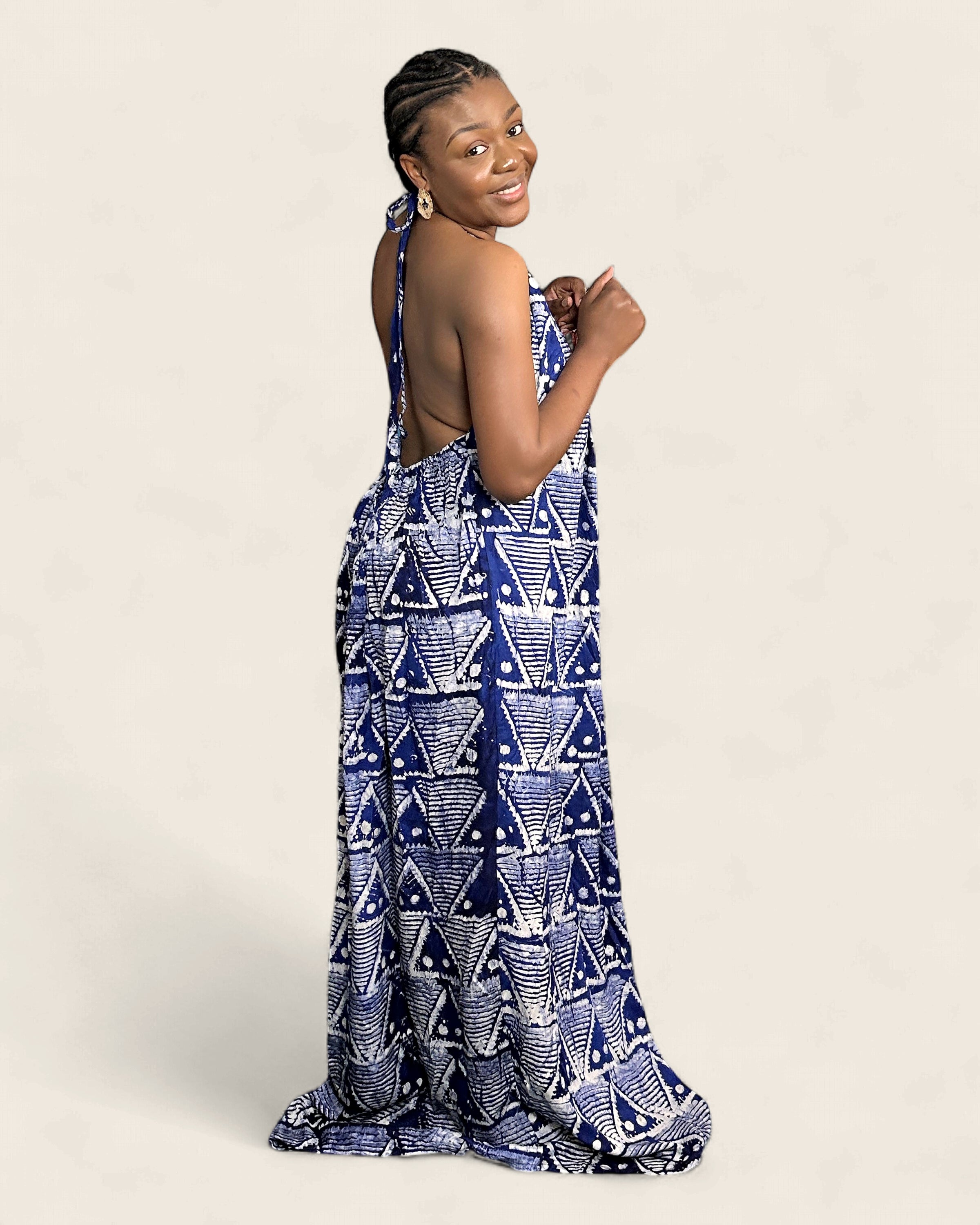 Alara African adire halter maxi dress — hand-dyed Adire, cut detail, L'atelier KaAy