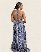 Alara African adire halter maxi dress — hand-dyed Adire, flowing silhouette, L'atelier KaAy