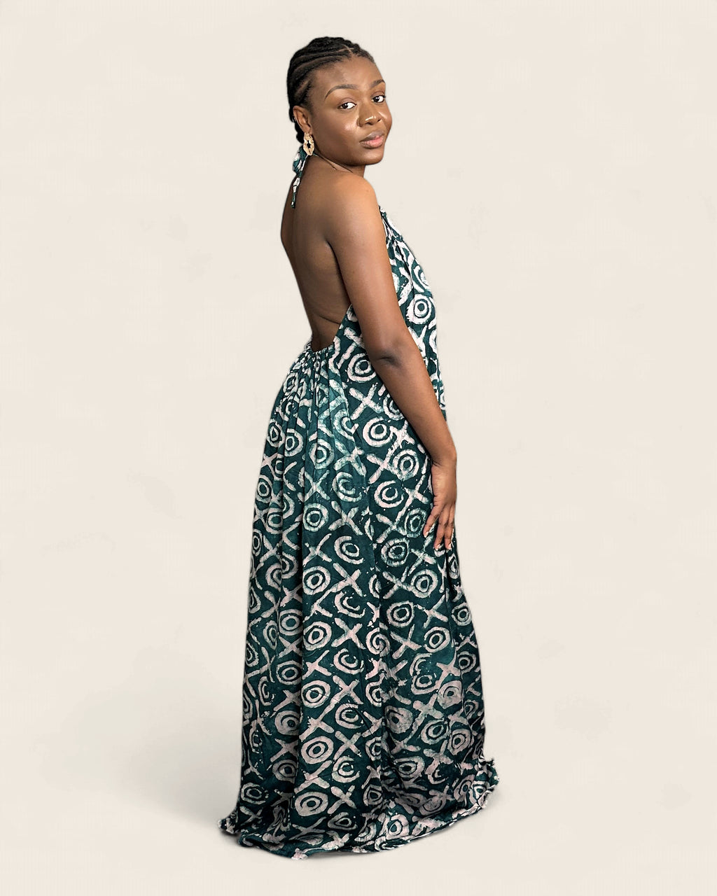 Alara African adire halter maxi dress — hand-dyed Adire, studio shot, L'atelier KaAy