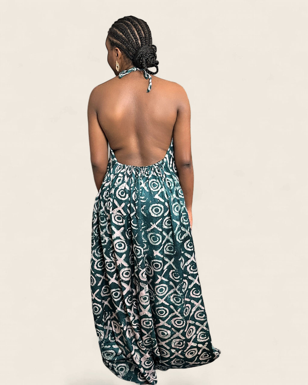 Alara African adire halter maxi dress — hand-dyed Adire, close-up view, L'atelier KaAy