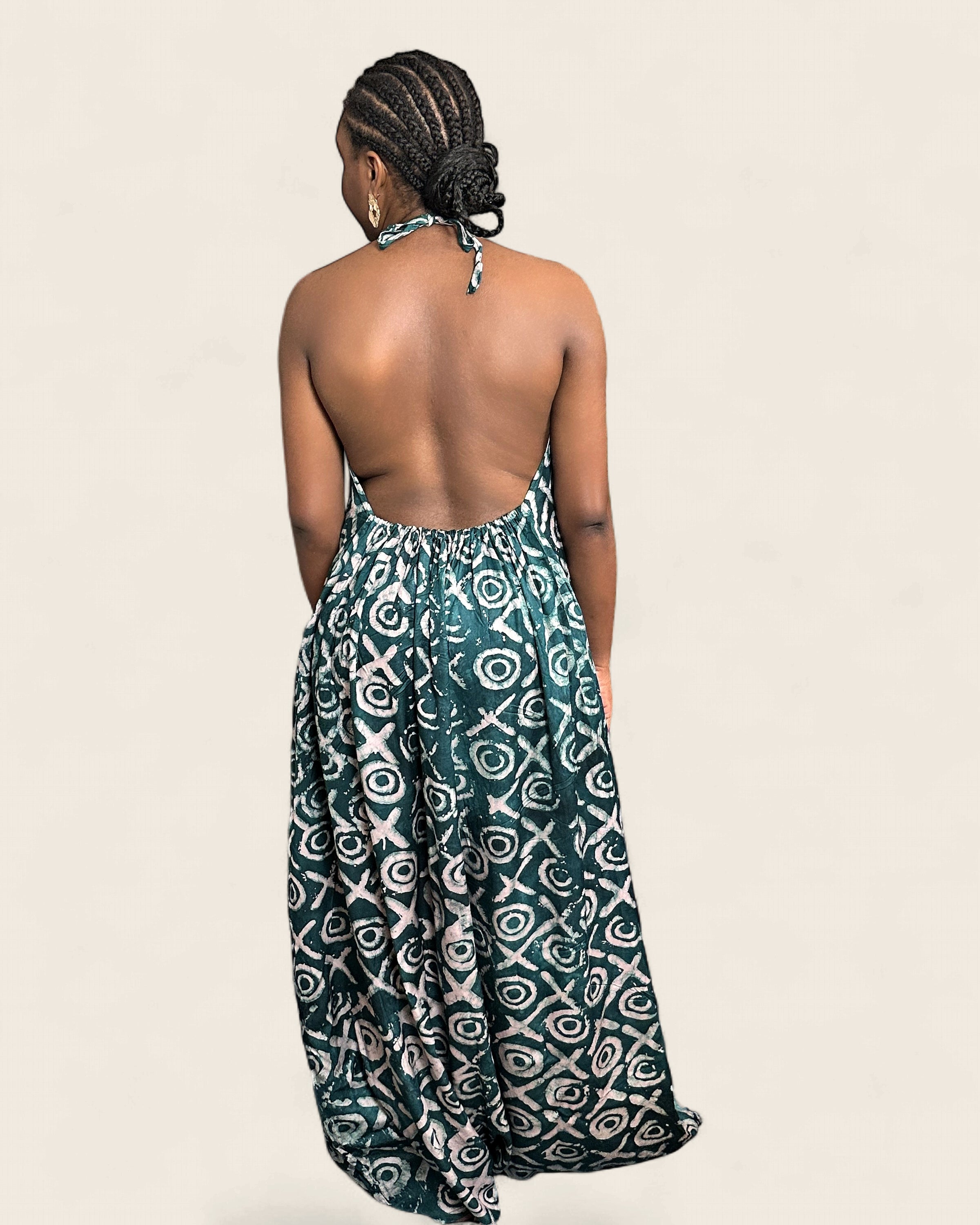 Alara African adire halter maxi dress — hand-dyed Adire, close-up view, L'atelier KaAy