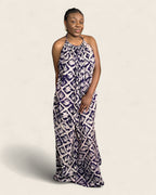 Alara African adire halter maxi dress — hand-dyed Adire, front view, L'atelier KaAy