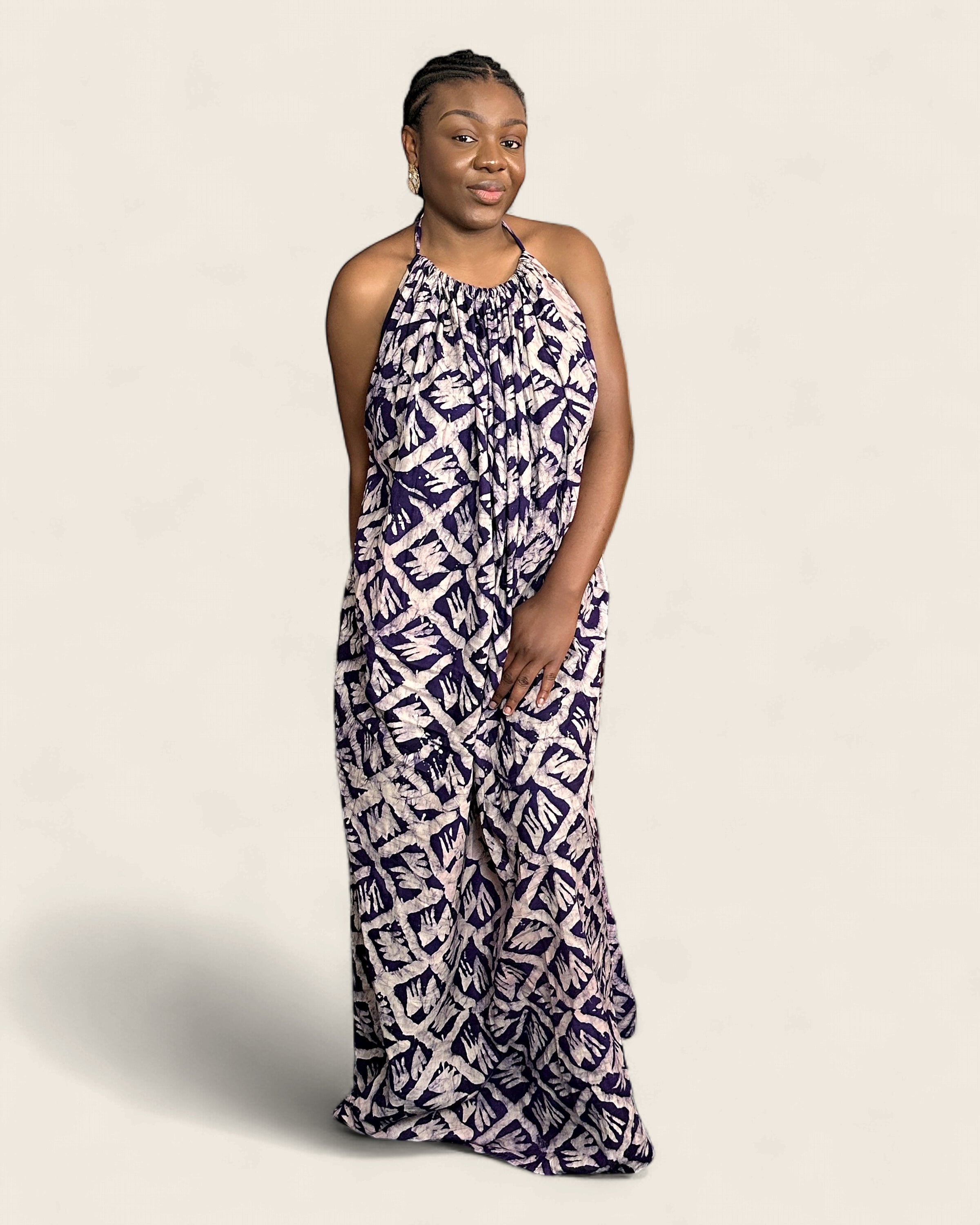 Alara African adire halter maxi dress — hand-dyed Adire, front view, L'atelier KaAy