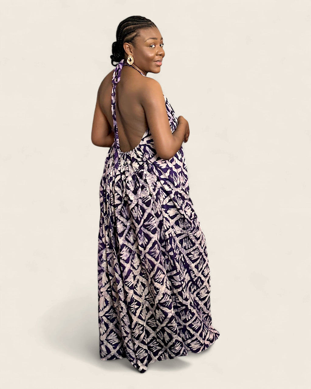 Alara African adire halter maxi dress — hand-dyed Adire, styling on model, L'atelier KaAy