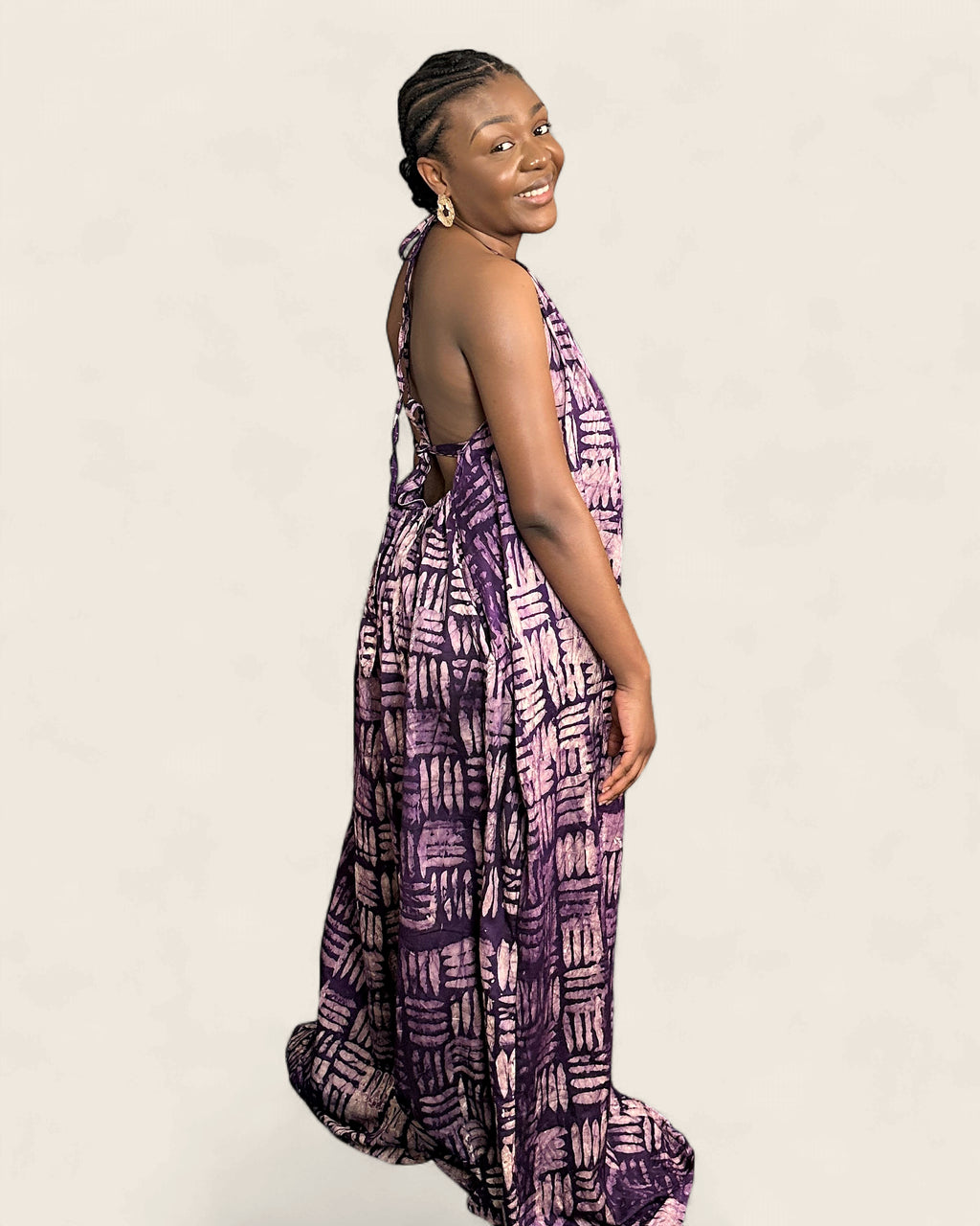 Liyah African Adire palazzo jumpsuit — hand-dyed Adire, styling on model, L'atelier KaAy