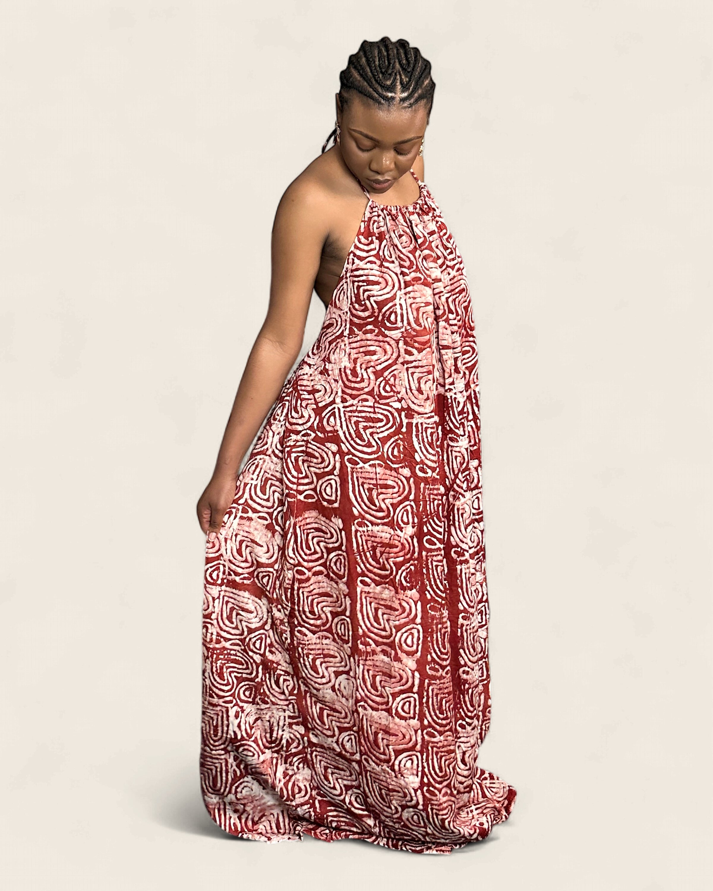 Alara African adire halter maxi dress — hand-dyed Adire, full-length view, L'atelier KaAy