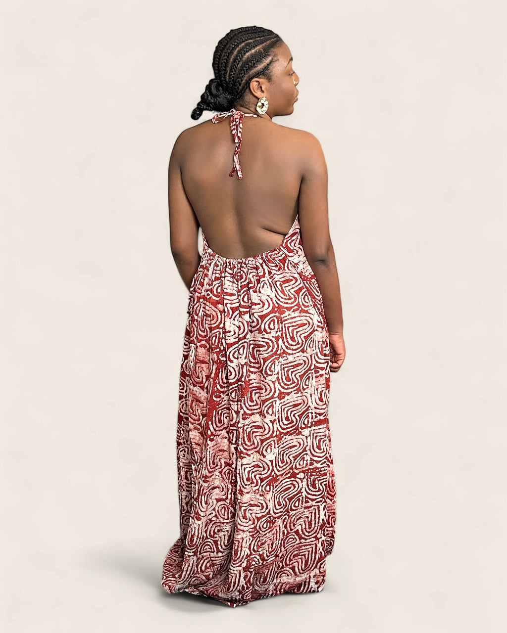 Alara African adire halter maxi dress — hand-dyed Adire, side silhouette, L'atelier KaAy