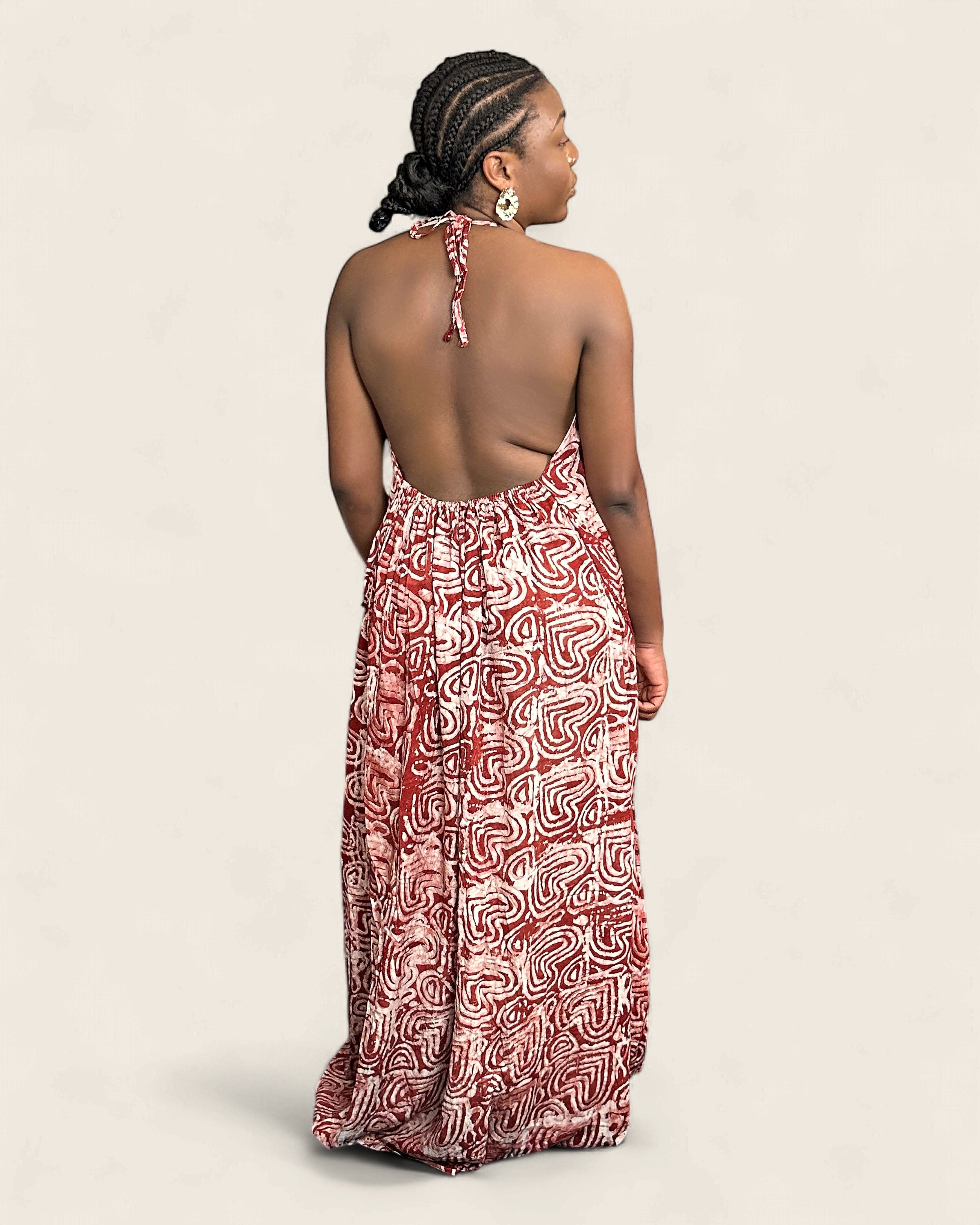 Alara African adire halter maxi dress — hand-dyed Adire, side silhouette, L'atelier KaAy