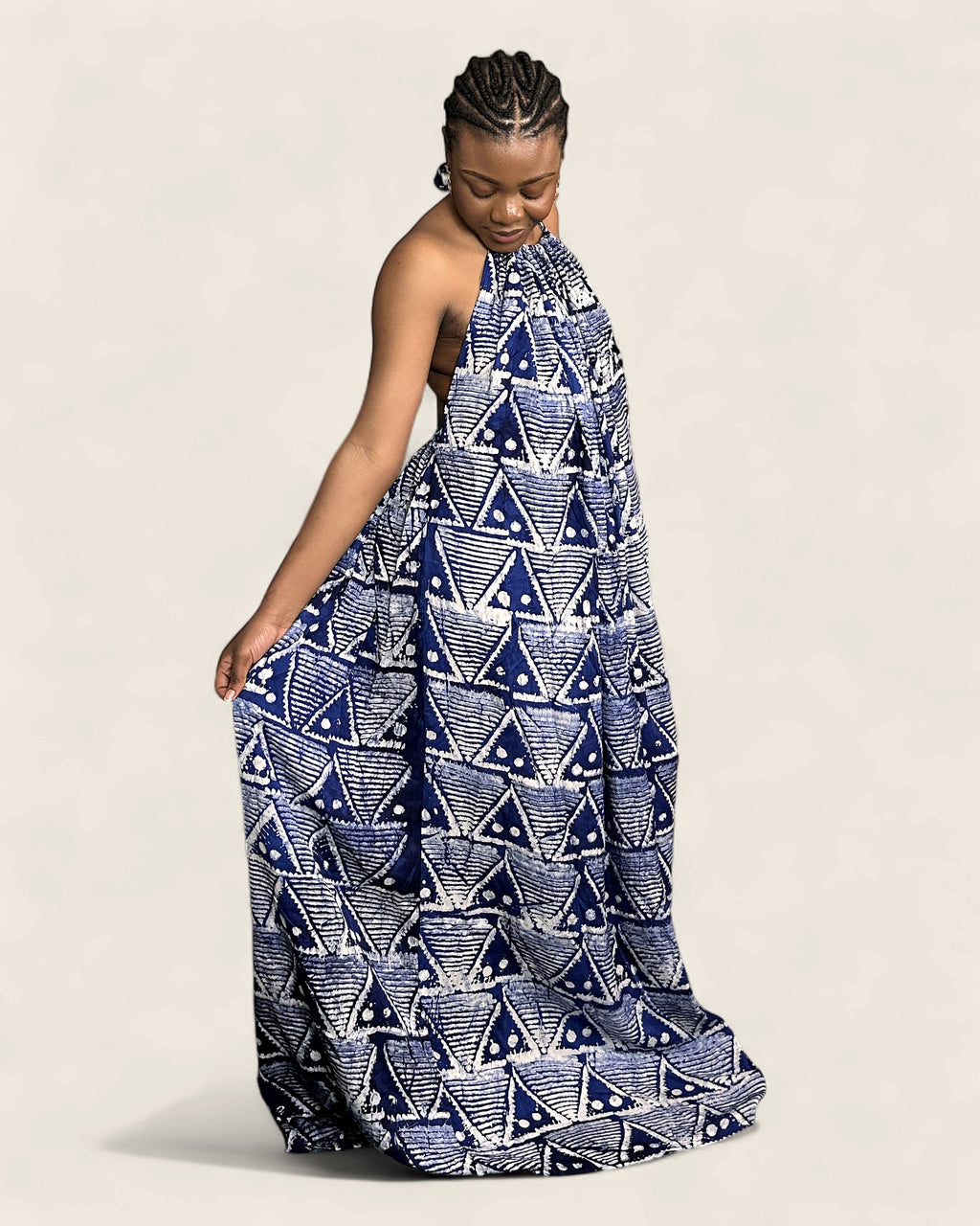Alara African adire halter maxi dress — hand-dyed Adire, cut detail, L'atelier KaAy
