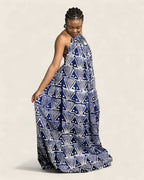 Alara African adire halter maxi dress — hand-dyed Adire, cut detail, L'atelier KaAy