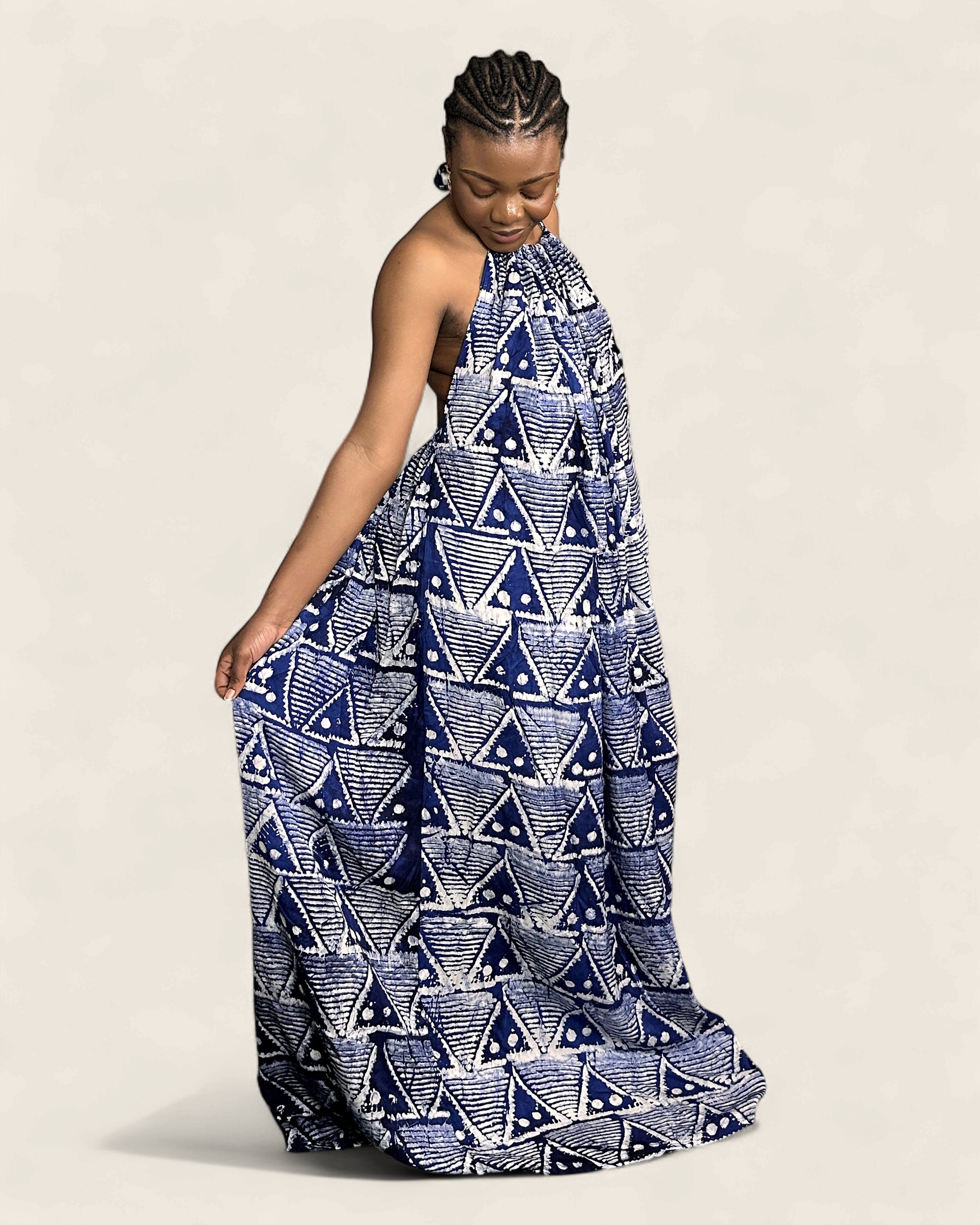 Alara African adire halter maxi dress — hand-dyed Adire, cut detail, L'atelier KaAy