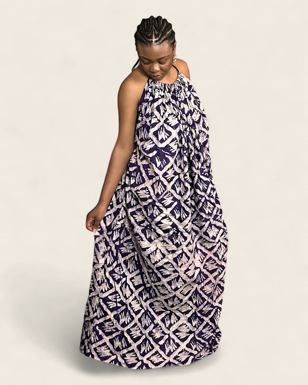 Alara African adire halter maxi dress — hand-dyed Adire, studio shot, L'atelier KaAy
