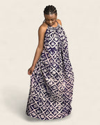 Alara African adire halter maxi dress — hand-dyed Adire, studio shot, L'atelier KaAy