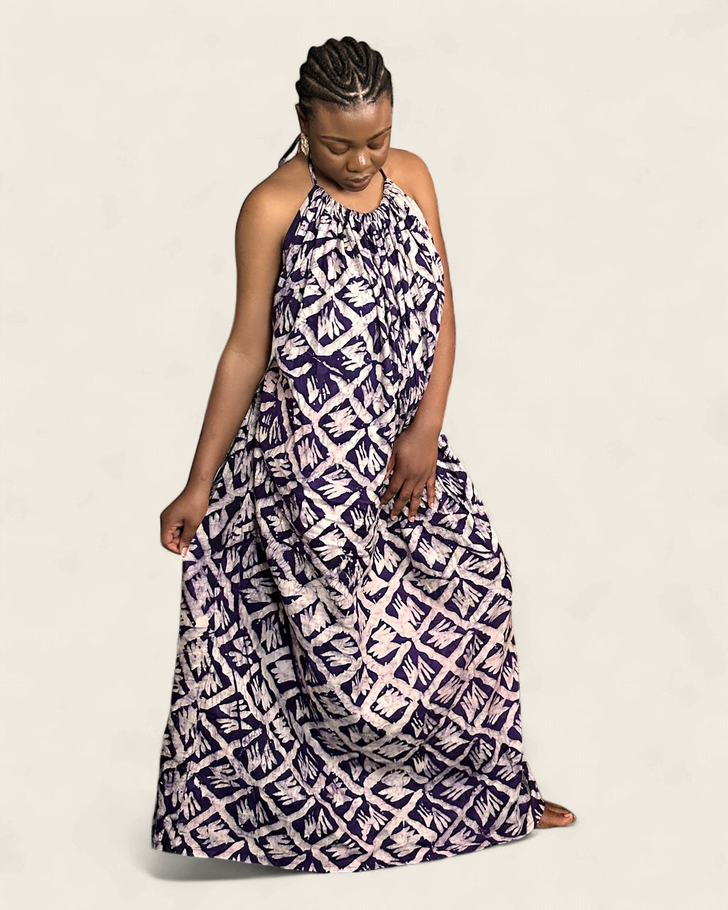 Alara African adire halter maxi dress — hand-dyed Adire, back drape, L'atelier KaAy