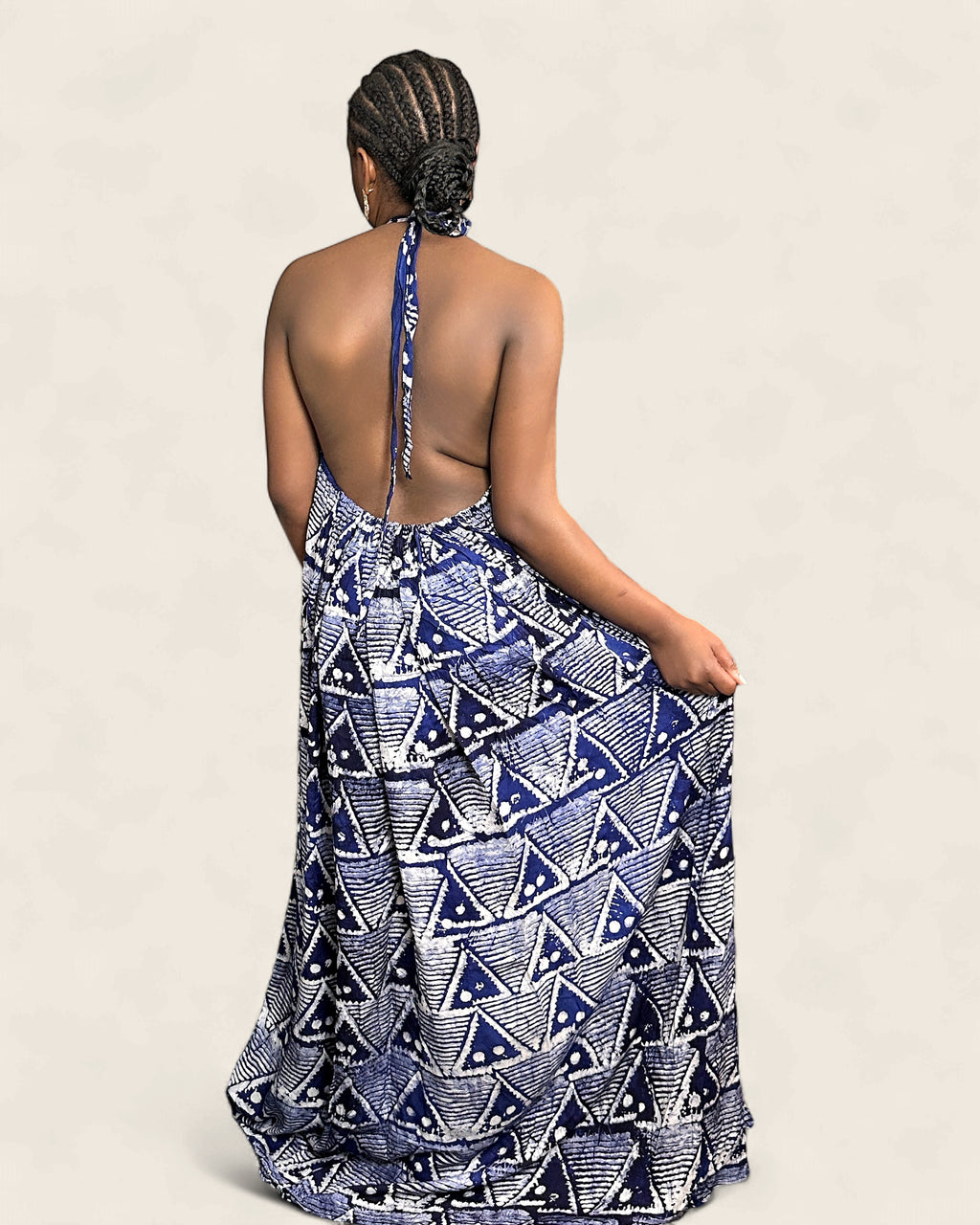 Alara African adire halter maxi dress — hand-dyed Adire, fabric detail, L'atelier KaAy